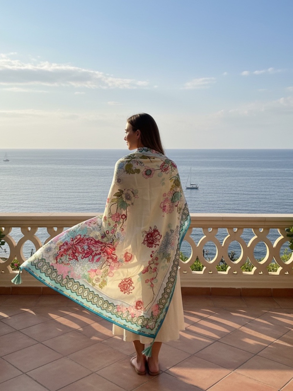 Johnny Was Silk Floral Cream Scarf with Teal Border